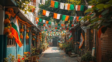 Obraz premium Street with Indian flags, garlands, and other festive elements celebrating Independence Day of India, Republic Day