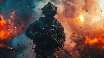  Special forces soldier equipped with battle armor in a combat zone. Explosion, smoke and fire sparks on background