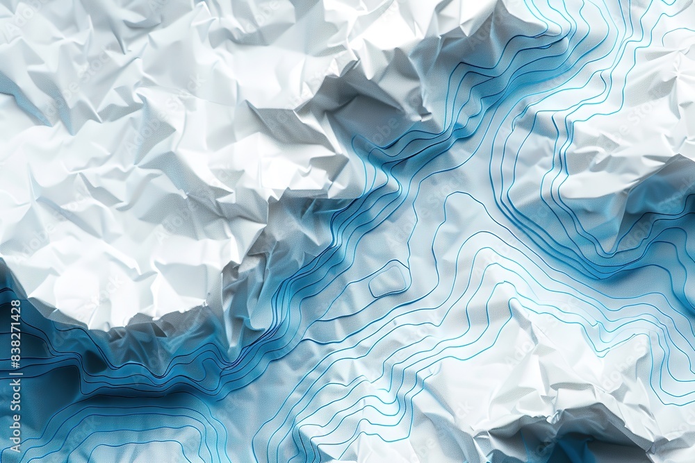 Poster crumpled paper texture with blue lines simulating water flow