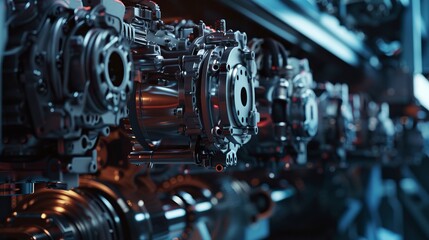 Fototapeta premium Hightech machinery processing galvanize alloy, side view, highlighting manufacturing techniques, cybernetic tone, complementary color scheme