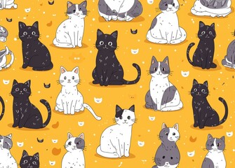 seamless pattern for gift wrap paper, cute cat illustrations, various breeds, playful and adorable poses, vibrant and colorful, high-quality vector illustration