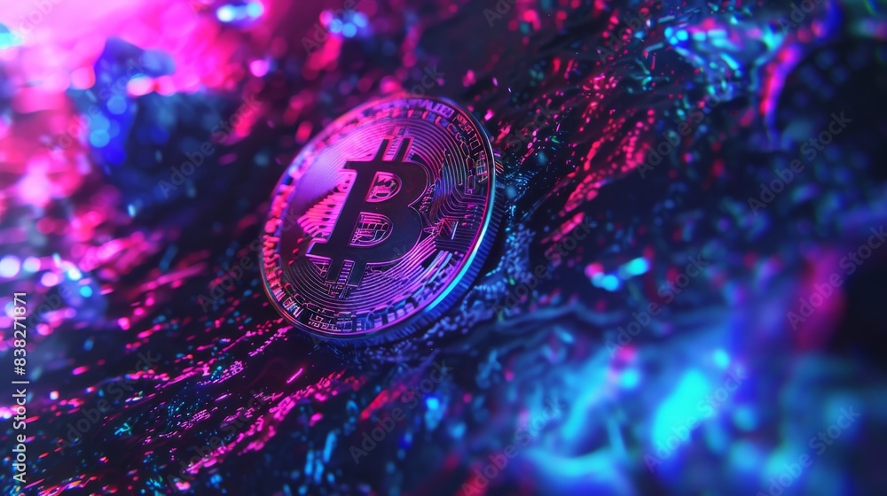 Poster background with bitcoin and neon lights. bitcoin and blockchain banner illustration. mining bitcoin 