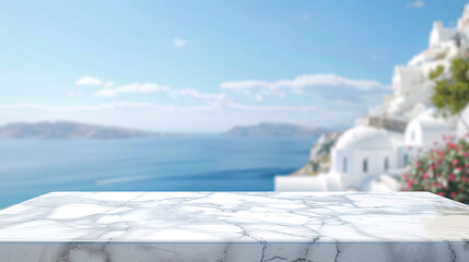 Empty white marble table top with blurred background of blue sea, white houses and mountains, sunny summer day, blue sky. Background for demonstration, installation, montage of products