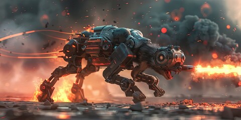 Fototapeta premium Cybernetic Dog in Battlefield Chaos
