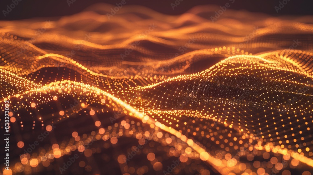 Poster flowing golden digital landscape with cube particles. concept of crypto currency, big data, block ch