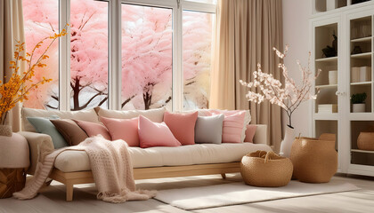 casual living room The setting should feel warm and welcoming, with natural light coming through windows and a cozy