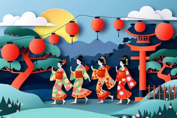Japanese Obon celebration vector paper cut style featuring dancers in traditional clothing and festive decorations