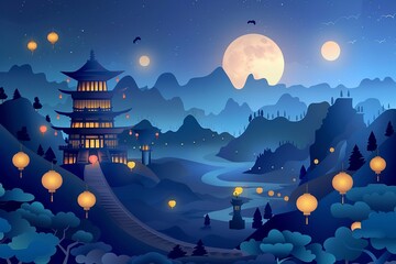 Vector paper cut of Obon in Japan, showing serene temple scenes with glowing lanterns and moonlit sky
