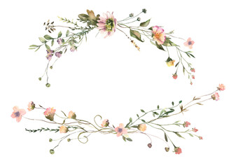 Naklejka premium Watercolor Midsummer floral Bouquets collection with hand painted delicate leaves, wildflowers. Romantic floral arrangements perfect for wedding invitation. High quality PNG illustration.