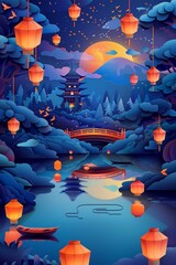 Fototapeta premium Vector paper cut illustration of Obon celebration in Japan with traditional lanterns floating on water, night festival scene