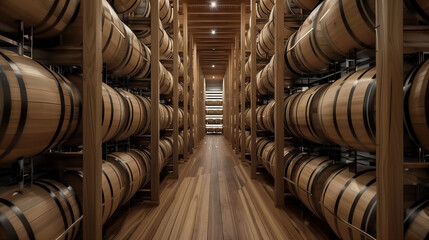A bourbon rackhouse - barrels are racked in a modern distillery. Whiskey making, bourbon distillation. Barrels age bourbon, scotch, whiskey, wine or beer in a modernized warehouse