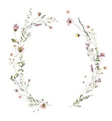 Watercolor Midsummer floral Bouquets collection with hand painted delicate leaves, wildflowers. Romantic floral arrangements perfect for wedding invitation. High quality PNG illustration.