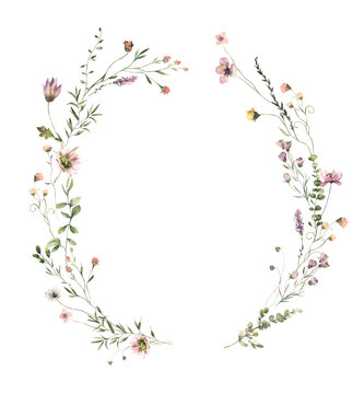 Watercolor Midsummer floral Bouquets collection with hand painted delicate leaves, wildflowers. Romantic floral arrangements perfect for wedding invitation. High quality PNG illustration.