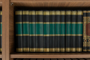 Untitled books on the library shelf, with leather-bound spines showing. Clean anonymous books lined...