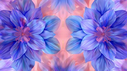 Obraz premium An abstract pattern of blue and purple flowers on a soft pink background. The vibrant colors and symmetrical design create a visually appealing and modern artwork.