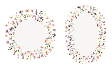 Watercolor Midsummer floral Frames collection with hand painted delicate leaves, flowers. Romantic floral arrangements perfect for wedding greeting cards, invitation. High quality PNG illustration.