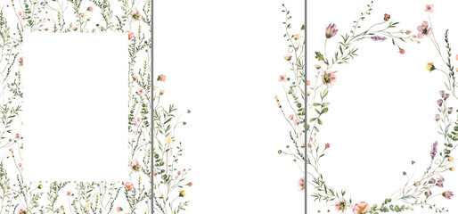 Watercolor Midsummer floral Frames collection with hand painted delicate leaves, flowers. Romantic floral arrangements perfect for wedding greeting cards, invitation. High quality  illustration. © Olesya Frolova