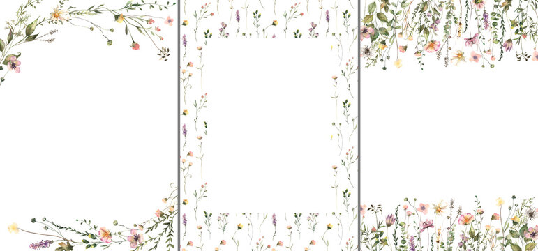 Watercolor Midsummer floral Frames collection with hand painted delicate leaves, flowers. Romantic floral arrangements perfect for wedding greeting cards, invitation. High quality  illustration.