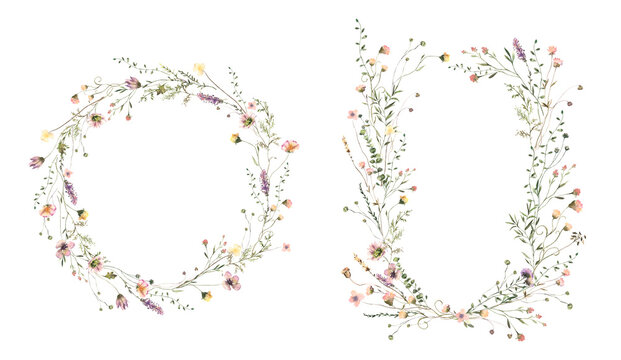 Watercolor Midsummer floral Wreaths collection with hand painted delicate leaves, flowers. Romantic floral arrangements perfect for wedding greeting cards, invitation. High quality PNG illustration.