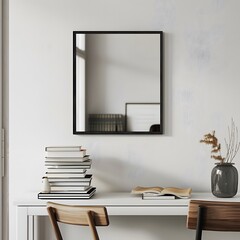 black framed square mirror hanging on the wall of an all white modern living room