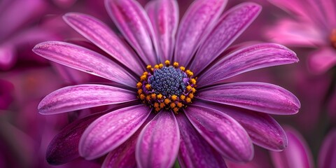 Fototapeta premium Closeup view of large purple flower with many yellow petals. Concept Closeup Shot, Purple Flower, Yellow Petals