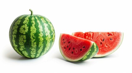 whole watermelon with a slice cut out isolated on white background. fresh fruit healthy food conecpt