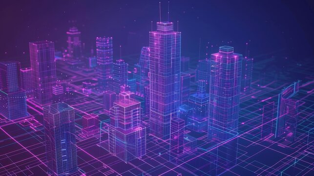 An illustration rendering of NFT virtual real estate minted on the blockchain or a smart city concept.