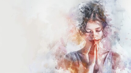 Watercolor image of a young beautiful praying woman on a white background.