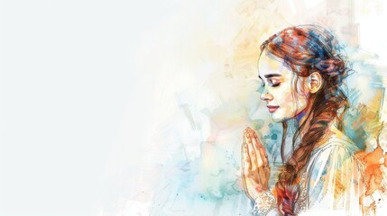 Watercolor image of a young beautiful praying woman on a white background.