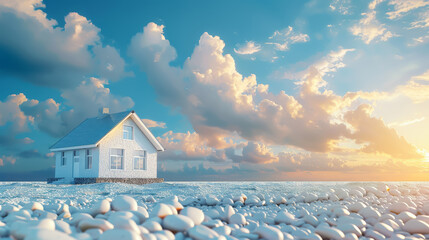 House on Floating Island with Dramatic Clouds