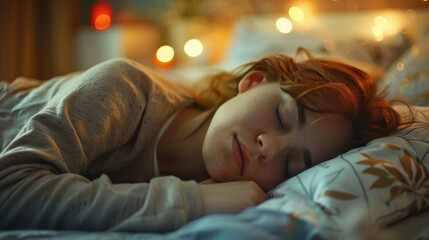 Young woman peacefully sleeping in bed with soft, warm lighting in the background, creating a cozy and serene atmosphere. Peaceful Woman Sleeping with Soft Lighting

