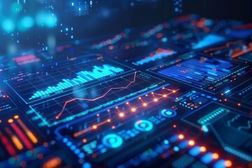 Obraz premium Analytics and data analysis of business data with charts on abstract blue background Modern illustration, generative AI