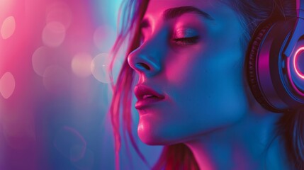 Beauty young woman in headphones listening to the music poster with copy space.