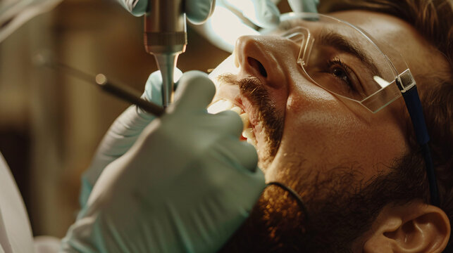 Dental hygienist carefully removing hardened plaque from mans teeth using scaling tools, teeth gradually revealed cleaner
