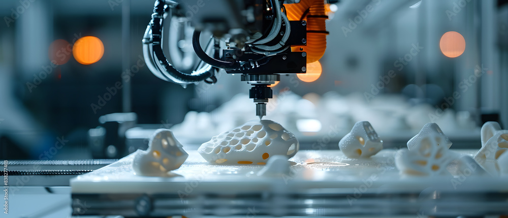 Aufkleber an industrial 3d printer is printing multiple white objects.