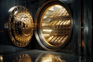 In a bank vault with an open door, store gold bars, inside in a gold vault money. In a bank vault money, store dollar and euro bills. In a Federal Reserve Bank storage room with golden walls and gold