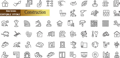 Construction editable stroke outline icons set. Construction, renovation architecture, engineer, building, blueprint and home repair tools