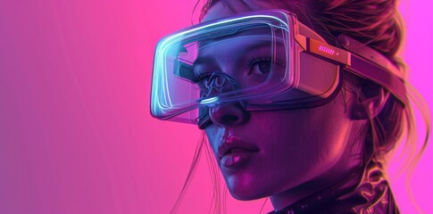 A woman looks into the world of metaverse augmented reality through a Google headset