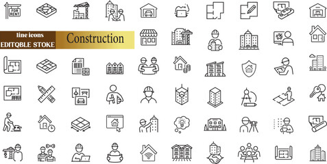 Construction editable stroke outline icons set. Construction, renovation architecture, engineer, building, blueprint and home repair tools