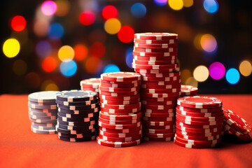 Close-up of vibrant casino chips stacked on a gambling table, colorful chip stacks background and gambler's hands. poker texas hold 'em strategy hand investment investment pot