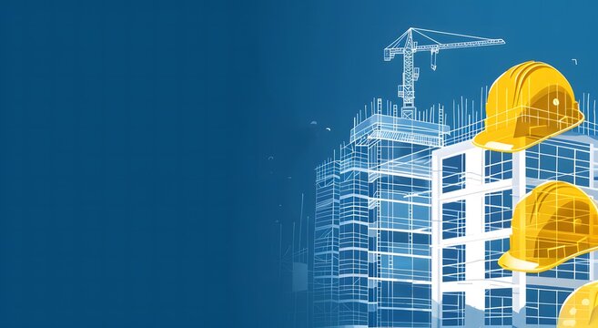 blue background with white buildings and yellow construction helmets floating