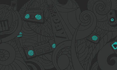 Fototapeta premium Black abstract doodle art with audio equipment design in hand drawn design