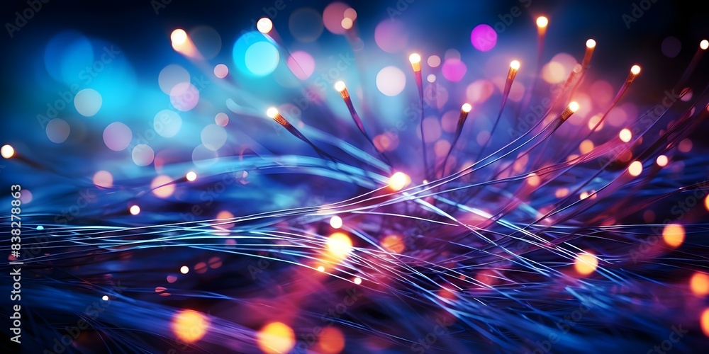 Poster fiber optic network connections on abstract technology background with illumination. concept technol