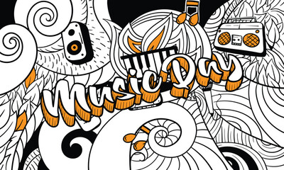 World music day typography design with doodle art abstract background design in black and white