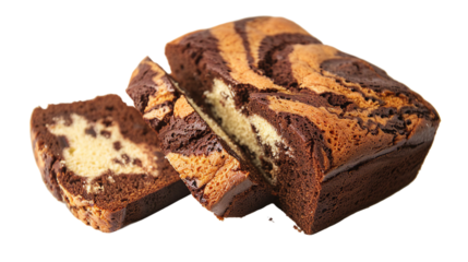 Marble cake on transparent background, showcasing its delicious swirl of chocolate and vanilla. Perfect for dessert enthusiasts and baking aficionados.