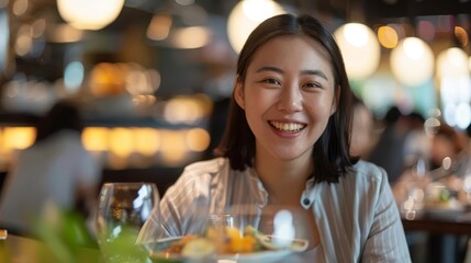 smiling asian woman enjoying a meal in a restaurant portrait capturing a joyful dining experience
