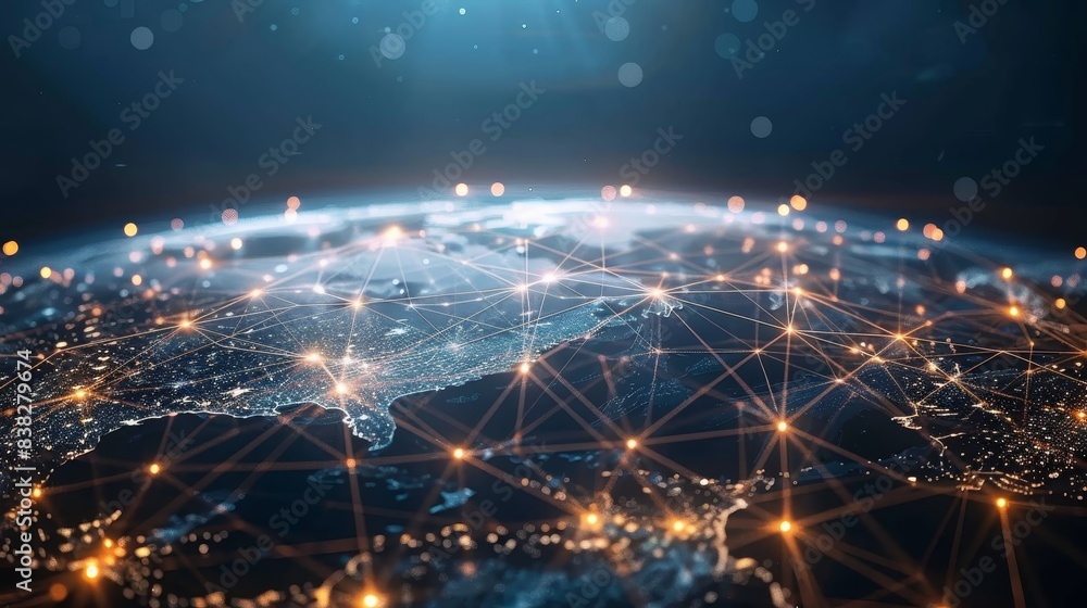 Poster tech world map, computing global network, artificial intelligence connectivity