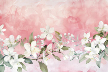 A pink background with white flowers and leaves