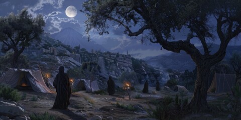 Fototapeta premium Nighttime Encampment in Rocky Landscape
