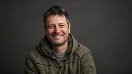Obraz premium smiling man with friendly expression in studio portrait exuding positivity portrait photography